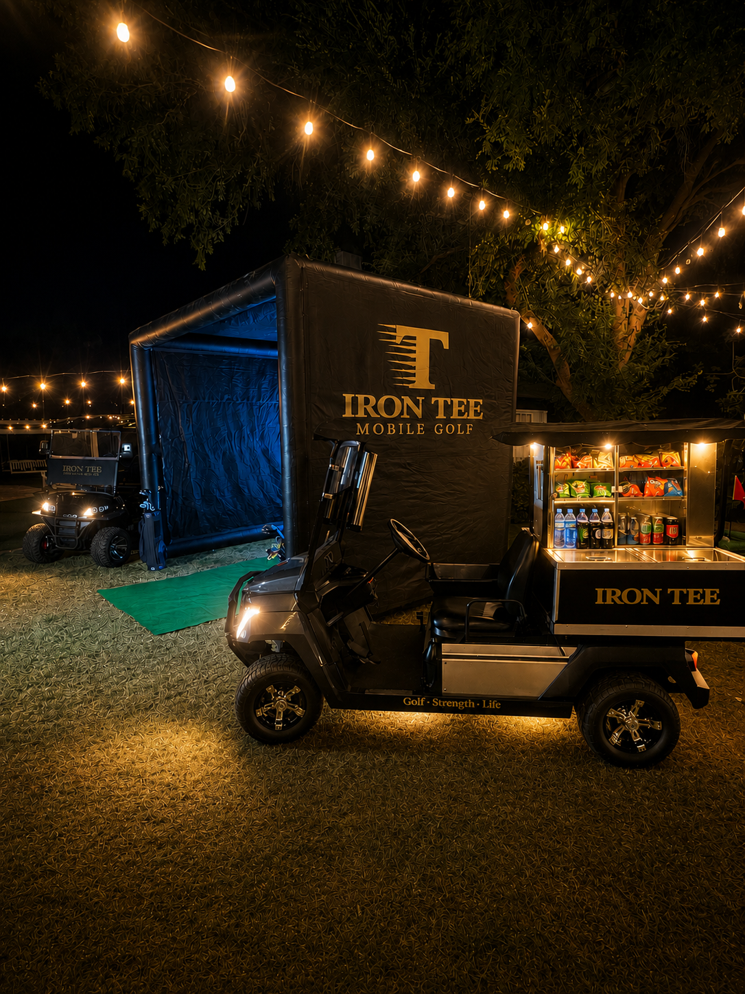 Iron Tee custom golf beverage cart with premium drink service at nighttime event