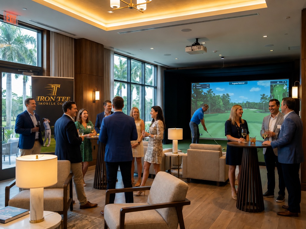 Corporate golf simulator event with professionals networking at upscale venue