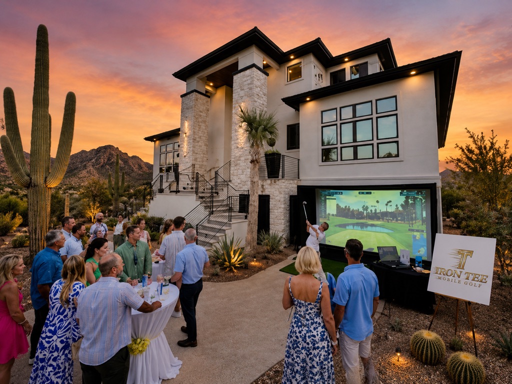 Charity golf event at luxury Arizona property with sunset and mountain views